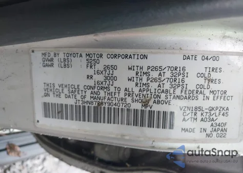 2000 Toyota 4Runner Limited V6 z USA, uszkodzony, nr VIN JT3HN87R8Y9040720